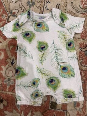 Posh Peanut White One-Piece with Green & Blue Peacock Feather Print